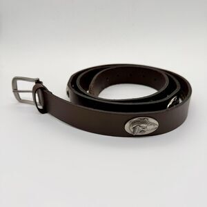 Zep-Pro Belt Brown Full Grain Leather w/3D Silver Tone Metal Fish Emblems  Sz 54